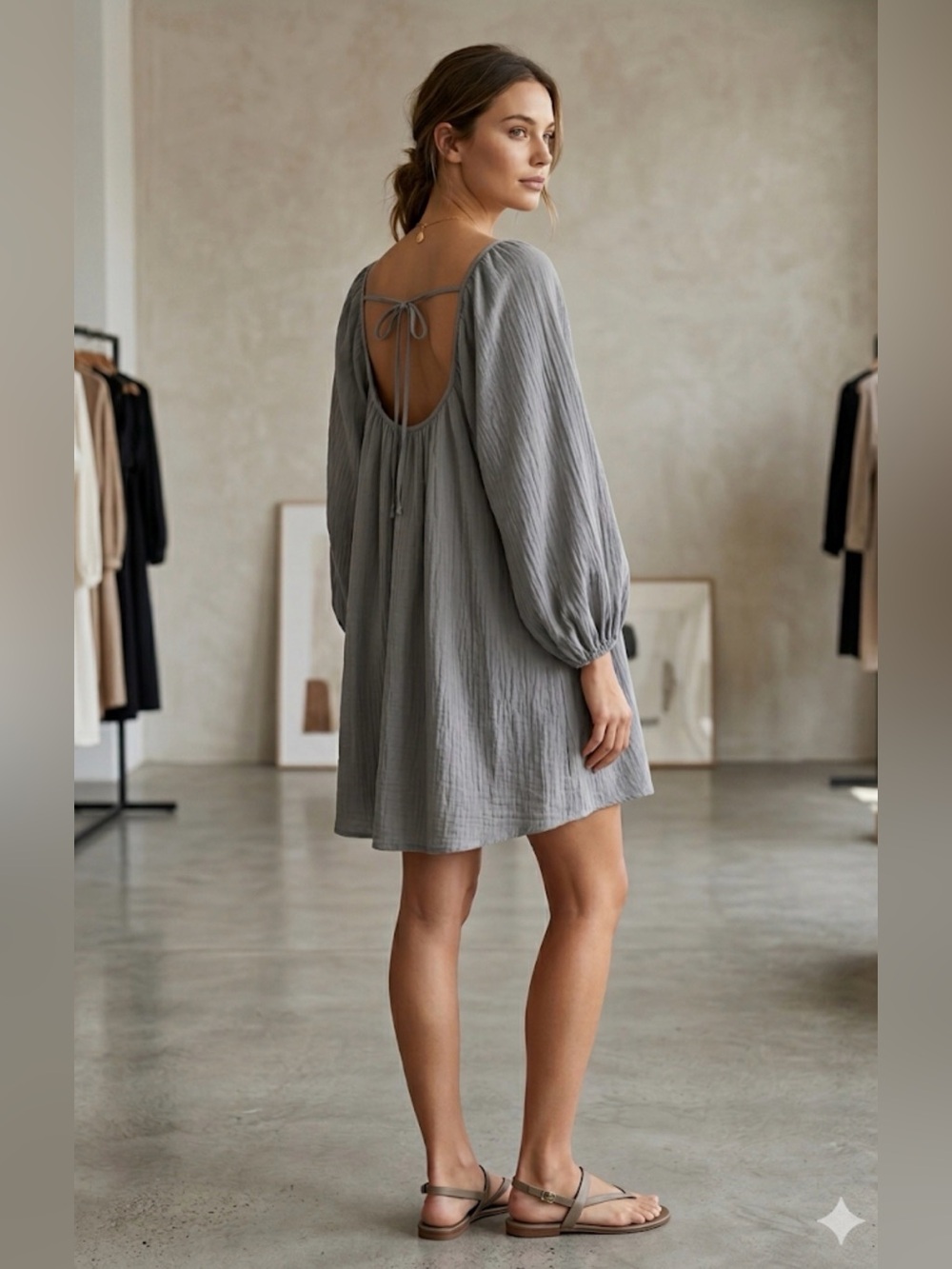 On The Road Slate Gray Puff-Sleeve Mini Dress oversized medium, like new